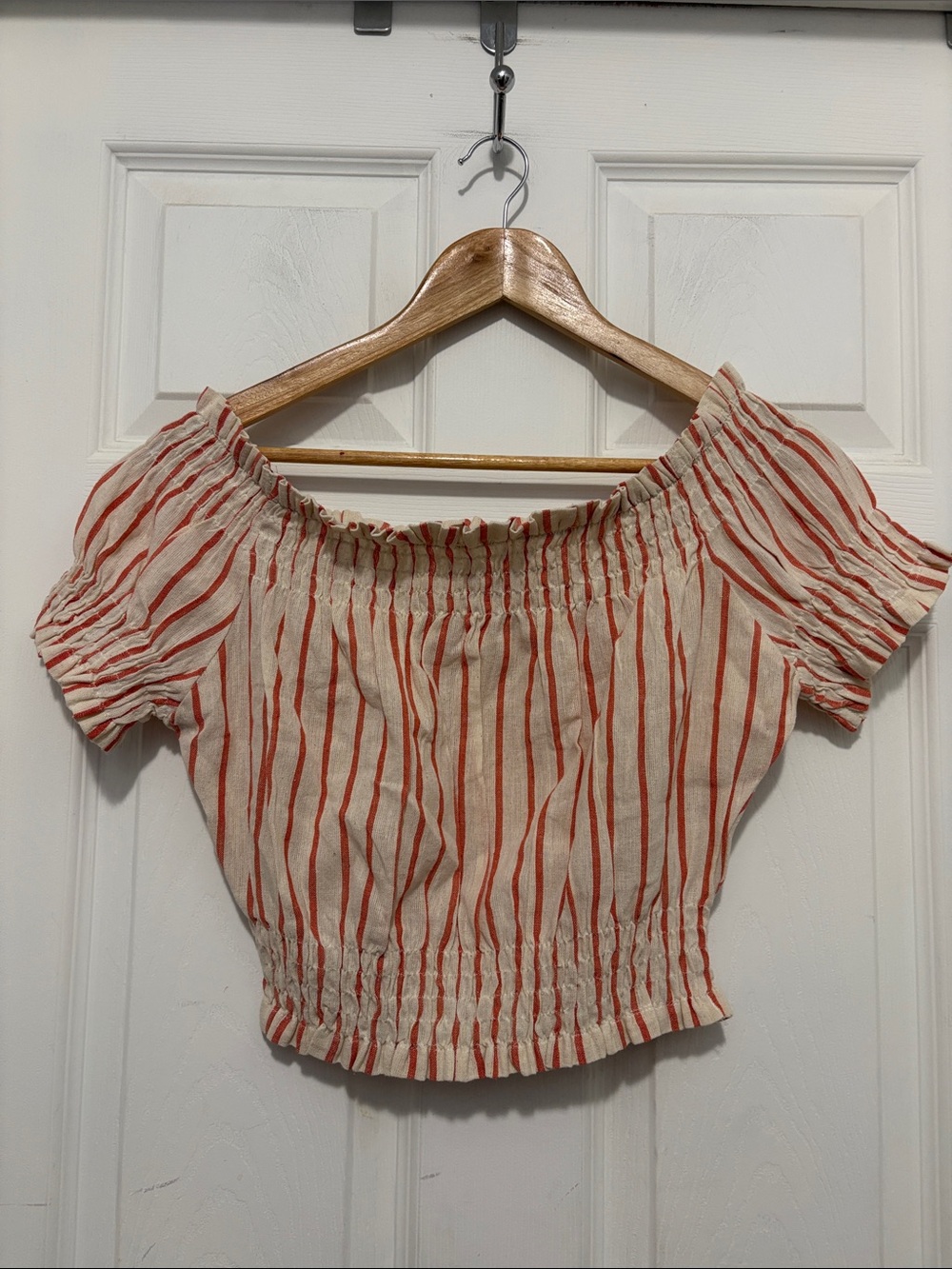 Compañia Fantastica Off-Shoulder Red Stripe Peasant Style Cropped Top